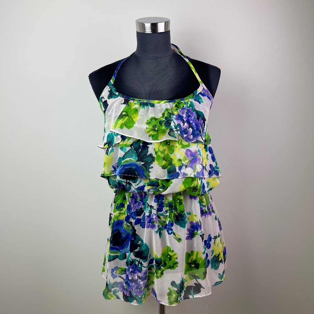 Arden B Multicolor Floral Chiffon Sleeveless Halter Ruffle Top Size M